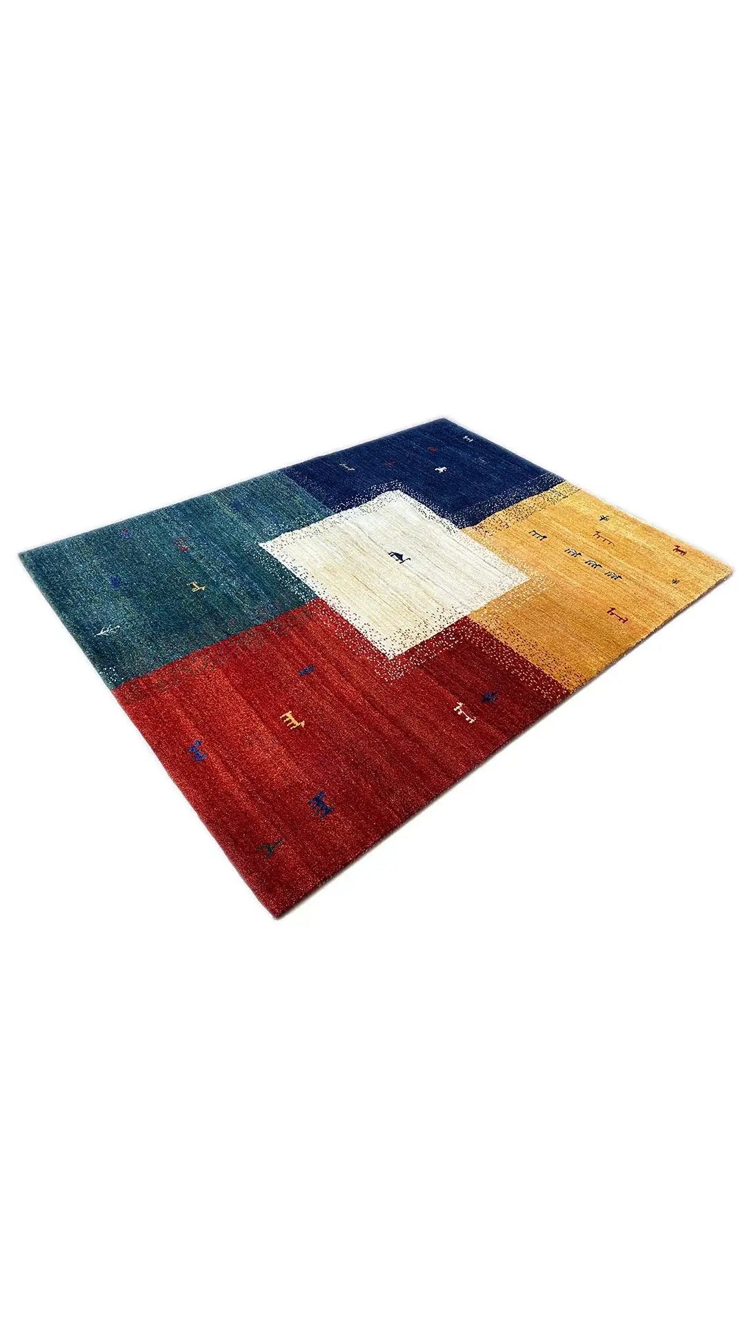 Gabbeh rug 202x151 cm in blue, red, and yellow with a white center