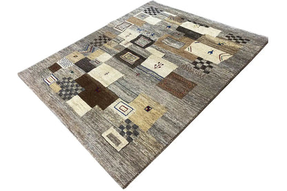 Gabbeh rug 186x150 cm, diagonal: patchwork in beige, brown and black with small motifs