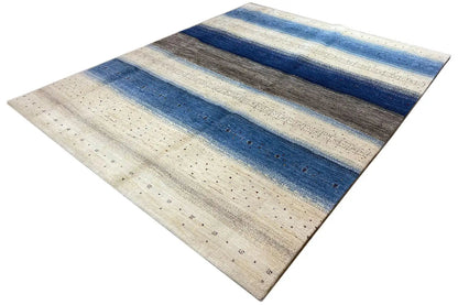 Gabbeh Lori rug 253×193 cm, diagonal view: light base color, wide blue/brown stripes