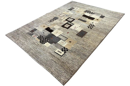 Gabbeh rug 244x173 cm, diagonal view with square pattern elements in light gray