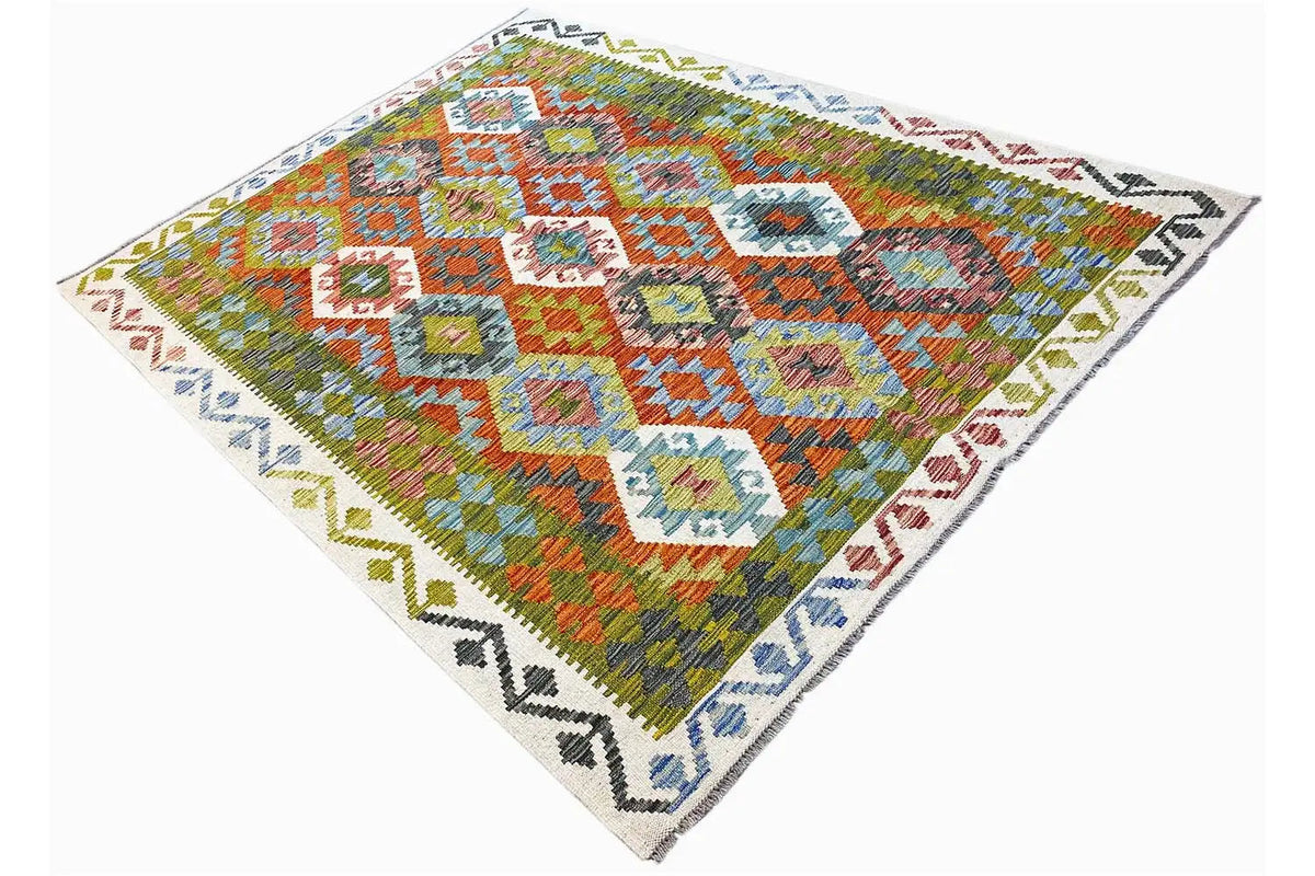 Afghan kilim 200×150 cm with a multicolored diamond pattern and zigzag border