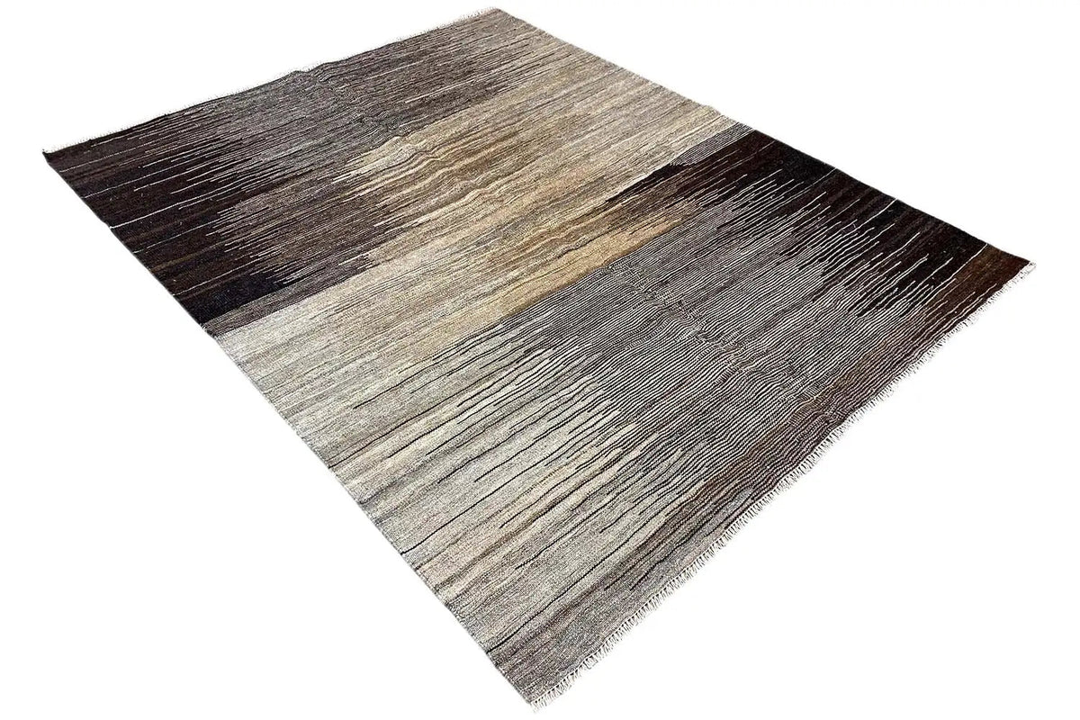 Kilim rug in a diagonal view with brown-gray and beige block stripes.
