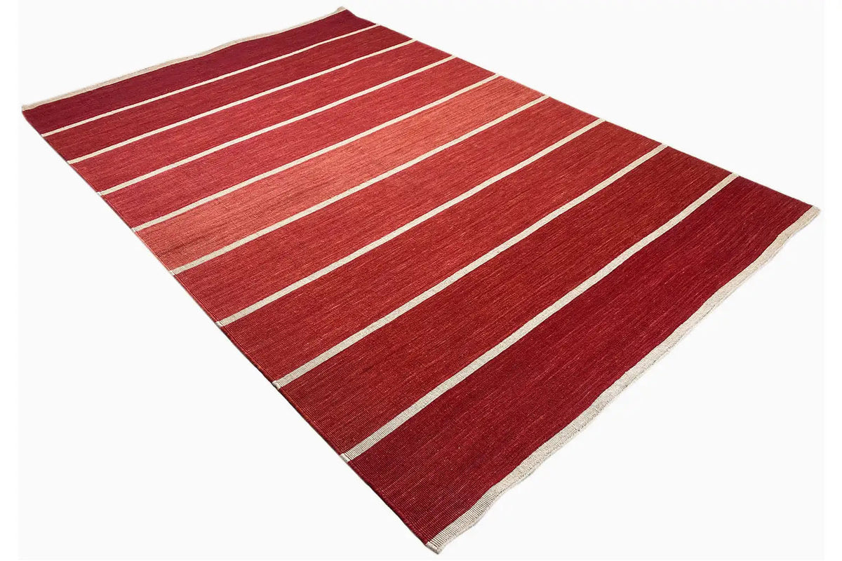 Kilim rug, presented diagonally, red with white stripes