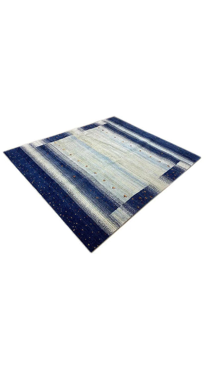 Gabbeh rug, blue-light beige stripes with dots, laid flat