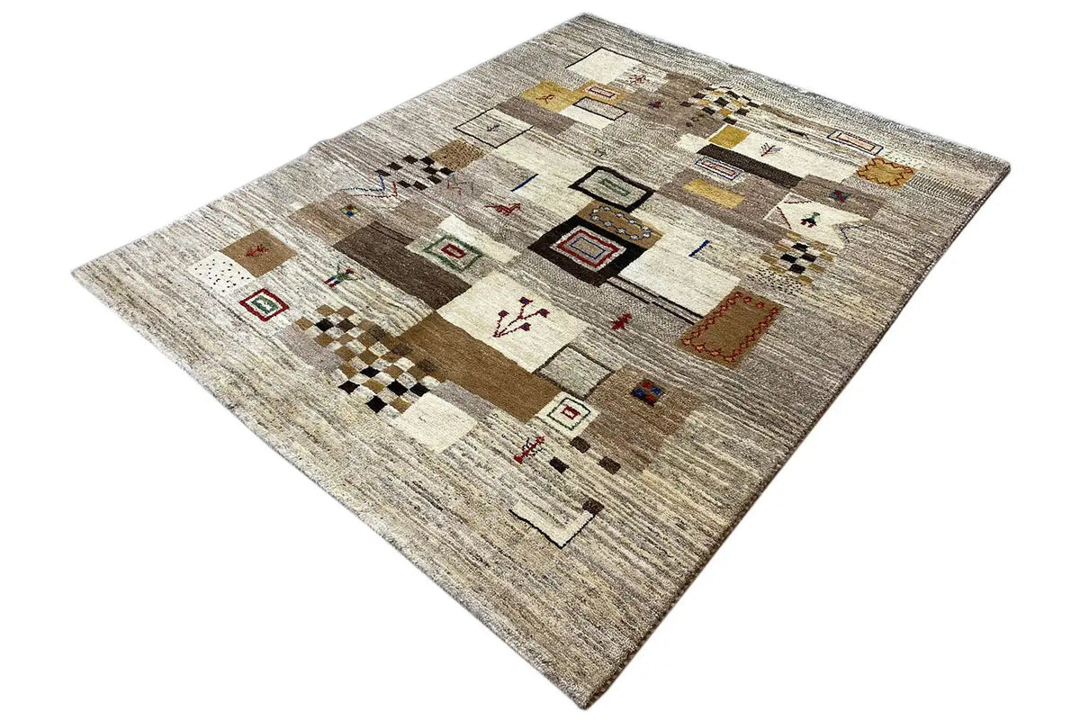 Square Gabbeh rug with an all-over pattern of diamonds, rectangles, and ornamental motifs