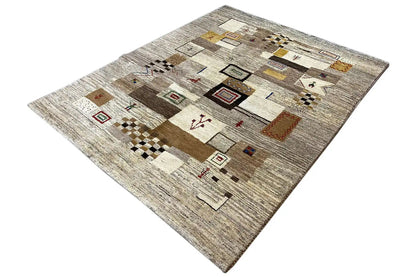 Square Gabbeh rug with an all-over pattern of diamonds, rectangles, and ornamental motifs