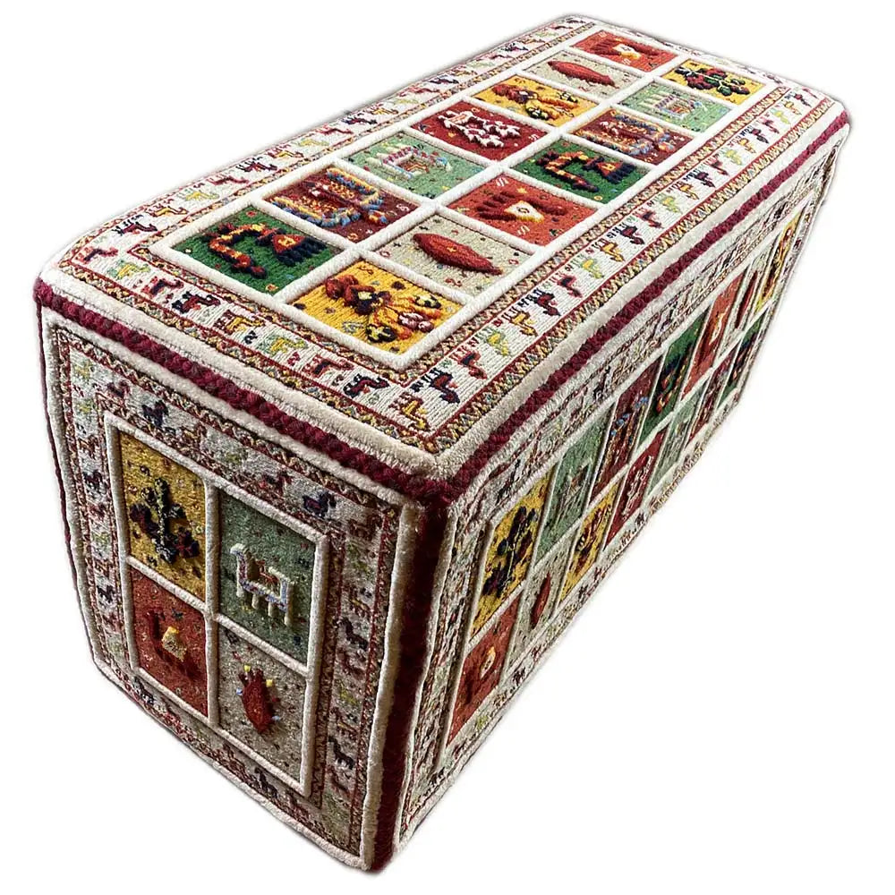 Soumak rug, rectangular: colorful patchwork panels, brown edges, side border