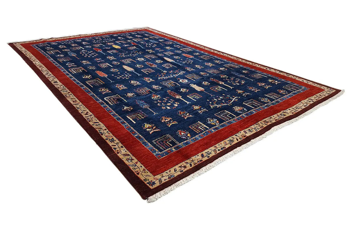 Qashqai exclusive rug, rectangular: blue ornamental pattern with a red border
