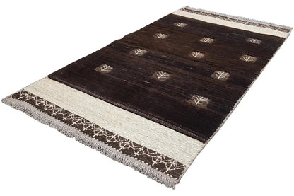 Gabbeh rug (163x92 cm), dark brown with delicate borders and fringes along the edge
