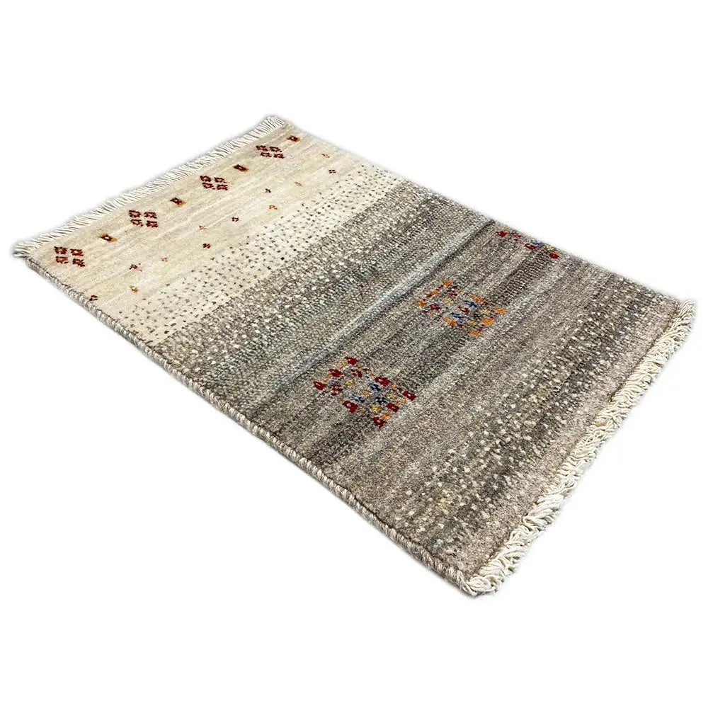 Gabbeh rug 57x41 cm, light beige with gray stripes, colorful motifs, fringe