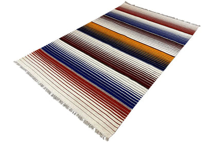 Kilim rug with horizontal stripes in blue, red, orange, and cream, fringes
