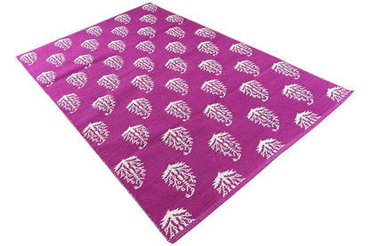 Modern square kilim with a purple background and white tree ornaments
