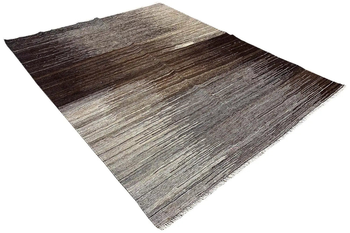 Kilim Qashqai rug with diagonal stripe pattern in dark brown and gray, rectangular