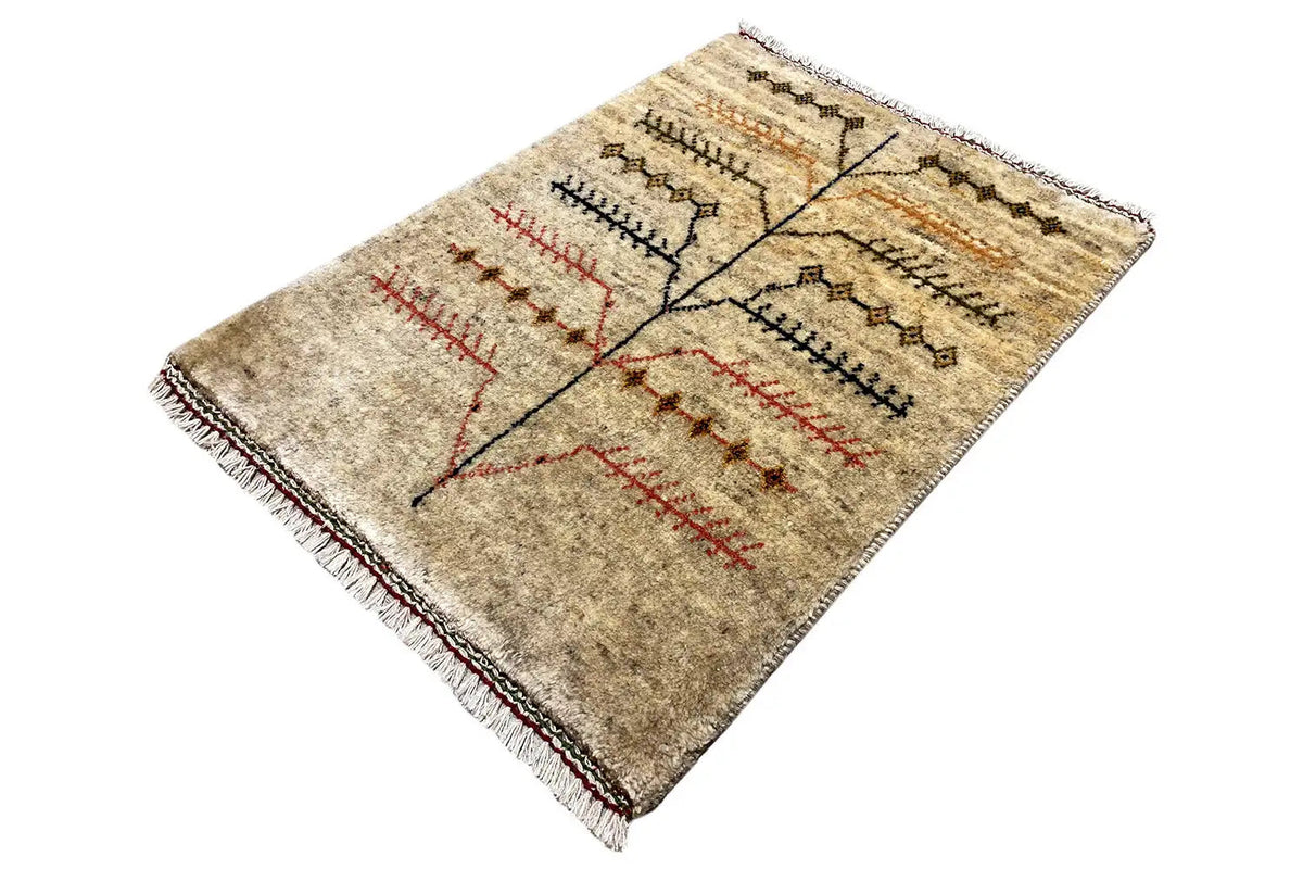 Gabbeh rug: beige background with red and black striped ornament, corner