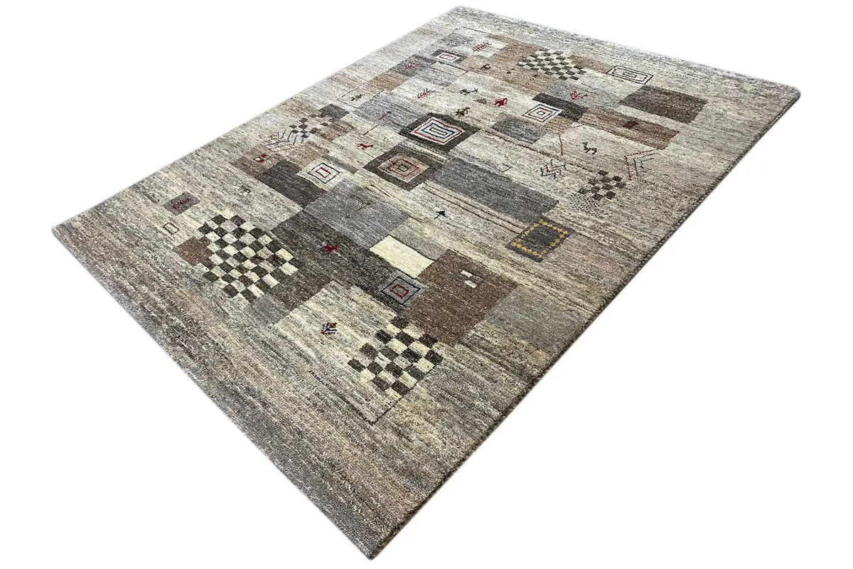 Gabbeh rug 200x151 cm: Diagonal view with multicolored patchwork squares