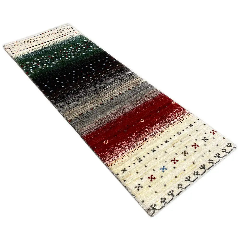Gabbeh runner Lori, diagonal view: stripes in red, green, and dark gray on cream