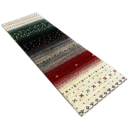 Gabbeh runner Lori, diagonal view: stripes in red, green, and dark gray on cream