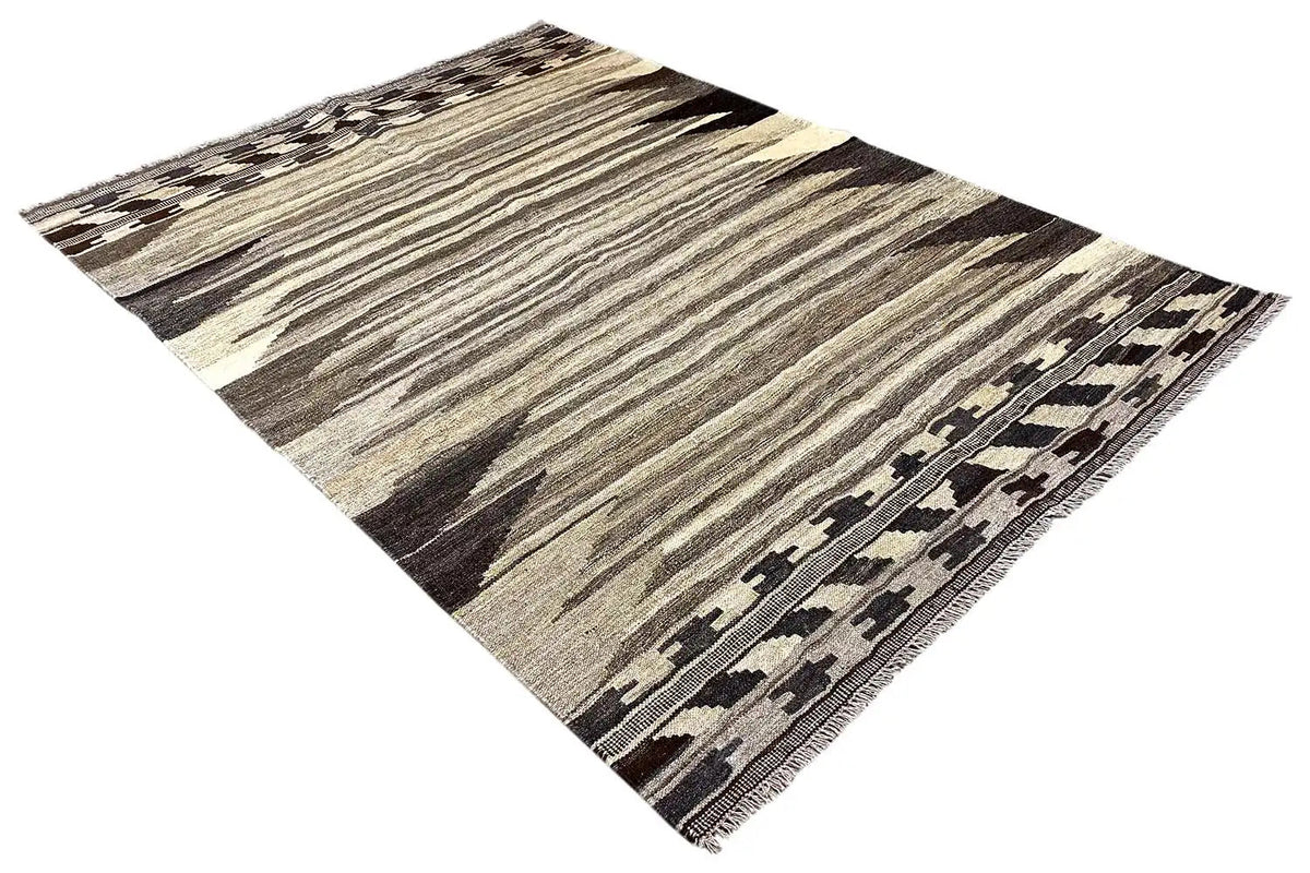 Kilim Qashqai rug with diagonal zigzag and striped pattern in gray, beige, and dark brown