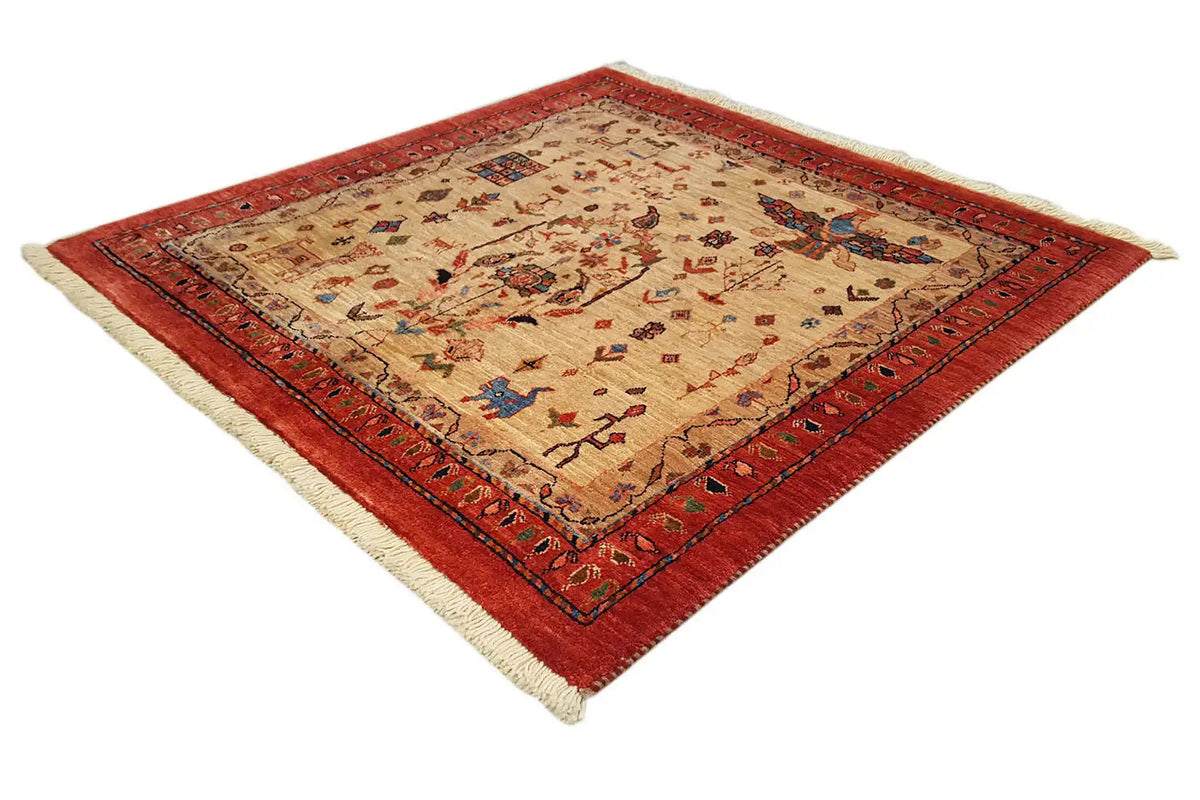 Qashqai exclusive rug, folded square; red border with ornaments on a light background