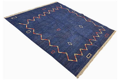 Qashqai kilim rug, blue central field with zigzag border lines and fringes