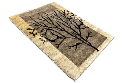 Gabbeh rug 80x57 cm, different angle: tree motif, beige pile, black outlines
