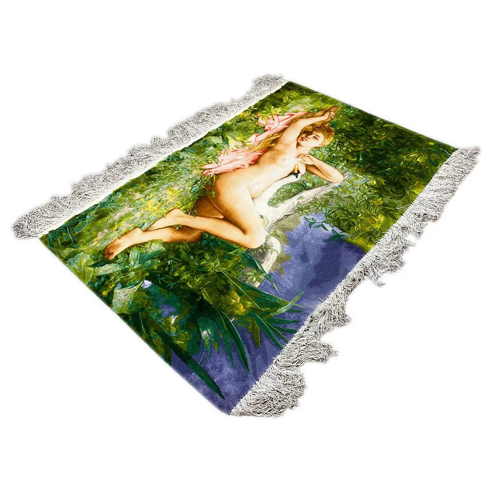Tapestry with fringes, twisted motif of a naked woman in a green garden, approx. 115×68 cm