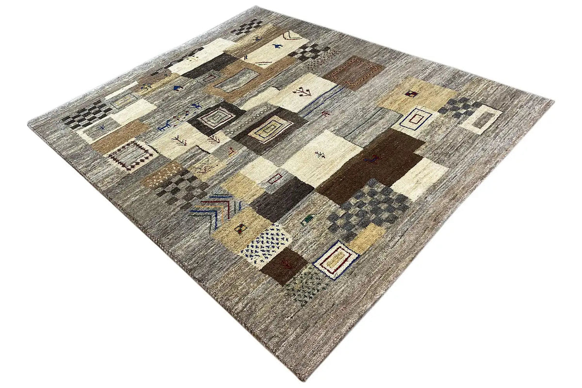 Gabbeh rug 186x150 cm, angled view of square patchwork in gray and beige