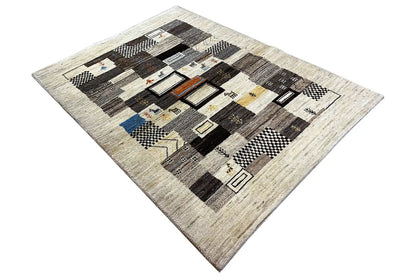 Gabbeh rug with square patchwork blocks in light beige and dark brown