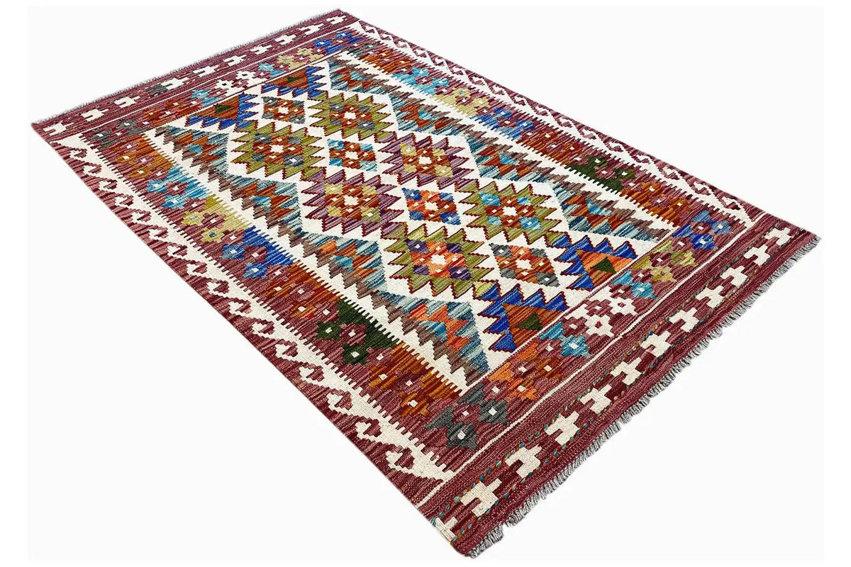 Afghan kilim (148x95 cm), folded diagonally, geometric shapes in blue, red, and beige