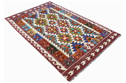 Afghan kilim (148x95 cm), folded diagonally, geometric shapes in blue, red, and beige