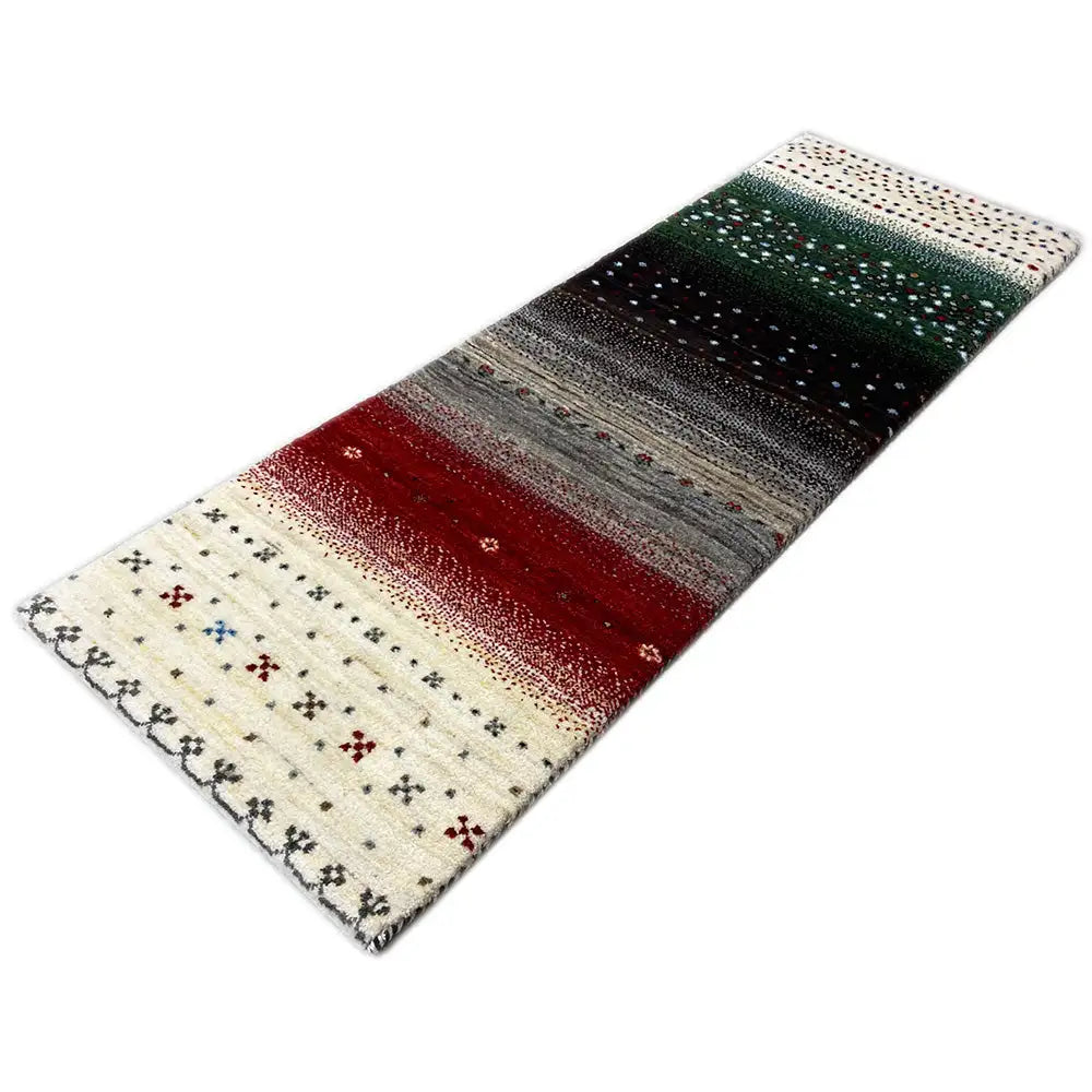 Gabbeh runner Lori, top view: cream base with red, green, and gray stripes