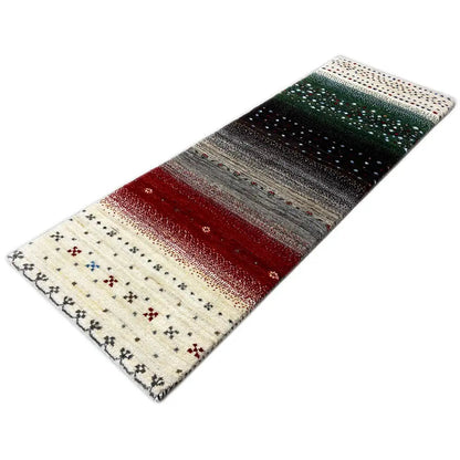 Gabbeh runner Lori, top view: cream base with red, green, and gray stripes