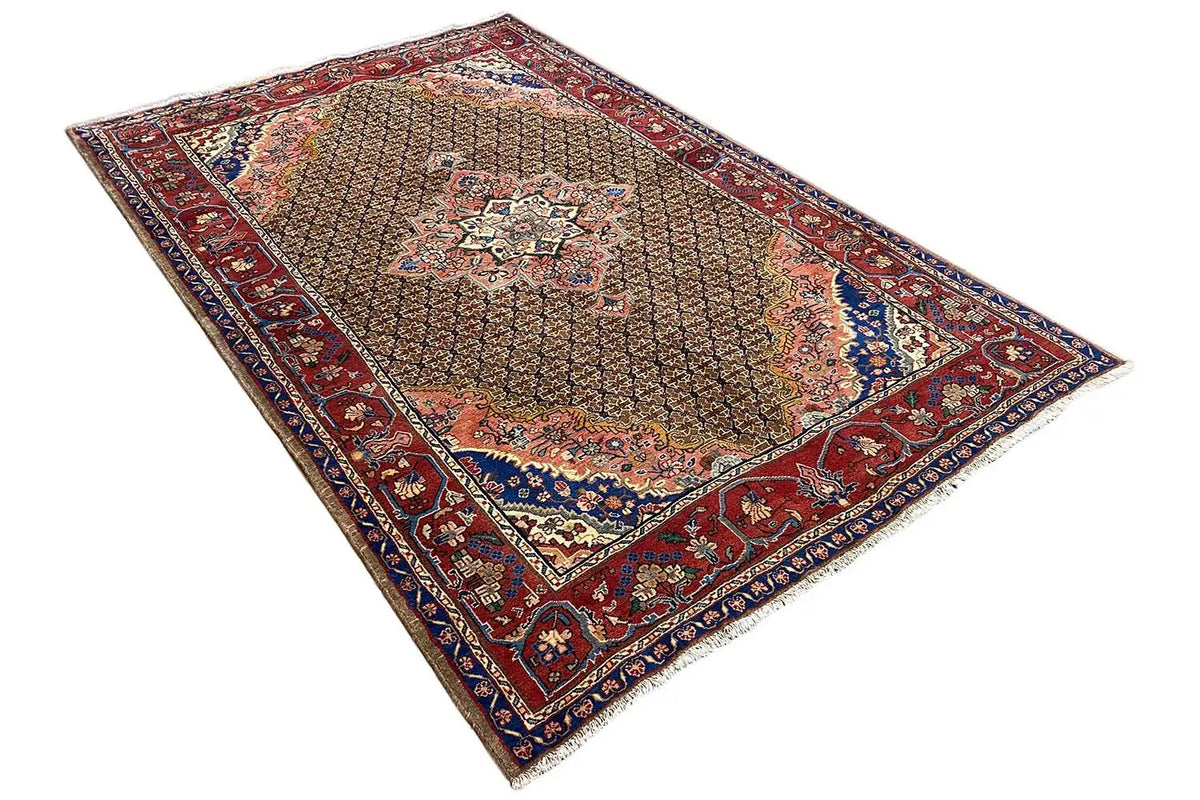 Hamadan rug, brown pile with a red border, blue-and-gold details, and an ornamental medallion