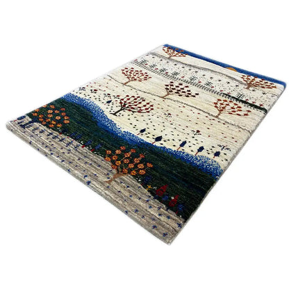 Gabbeh rug 88x59 cm with tree motifs in red/blue and a dark green area