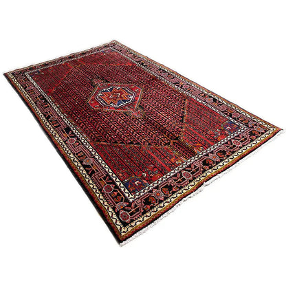 Rectangular Hamadan rug, red pattern with a border in cream, blue, and gold tones