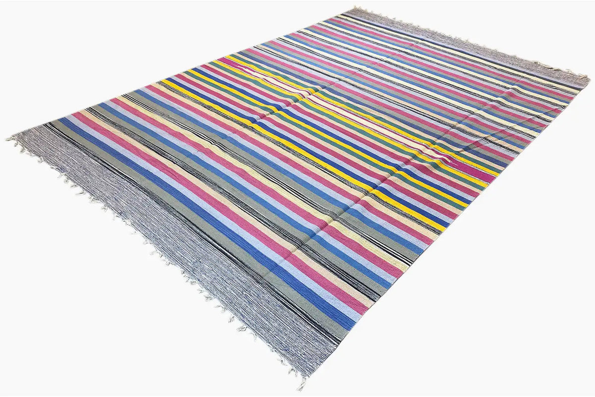 Kelim dhurrie rug with colorful stripes in blue, pink, yellow, and gray, fringes