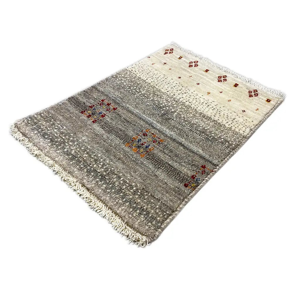 Gabbeh rug 57x41 cm, light beige and gray areas, multicolored motifs, fringes