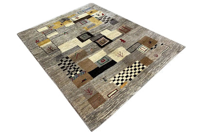 Gabbeh rug 204x153 cm, oblique view with geometric patchwork