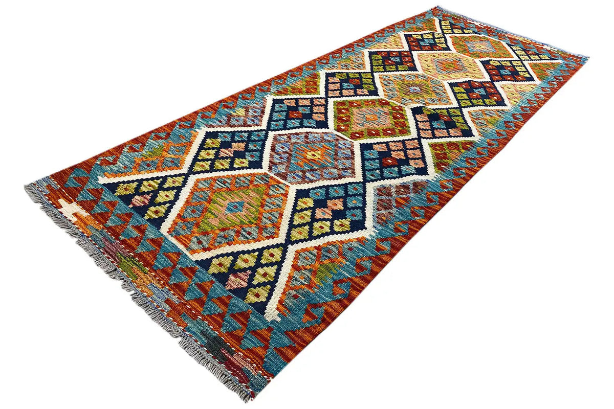 Afghan kilim runner 237×83 cm with cross and diamond pattern, multicolored border