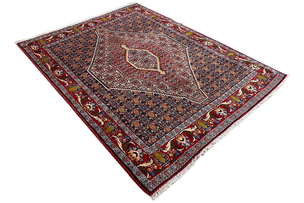 Hamadan carpet with a medallion in the center and multicolored vines, viewed from above.