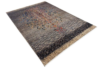 Gabbeh rug Lori 220x154 cm, diagonal; fine ornamental pattern in gray with colorful accents