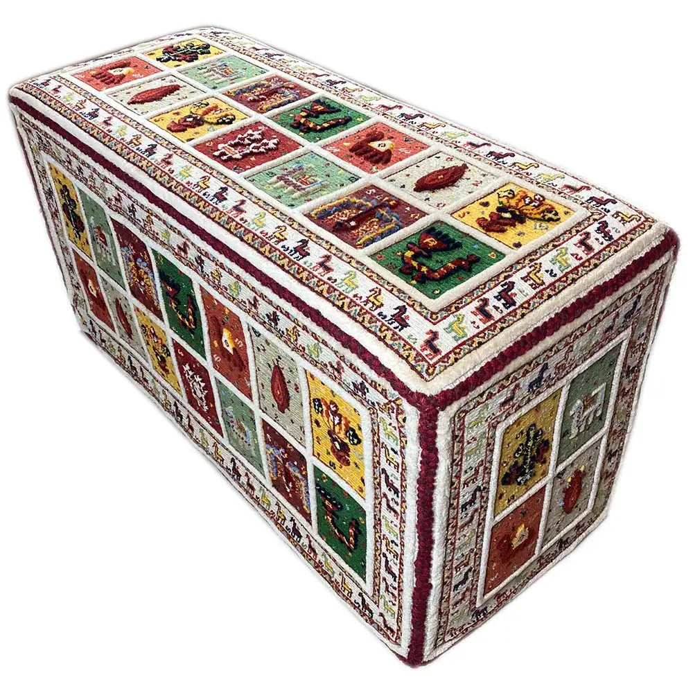 Rectangular Soumak rug: white background, colorful animal and ornamental motifs in a frame