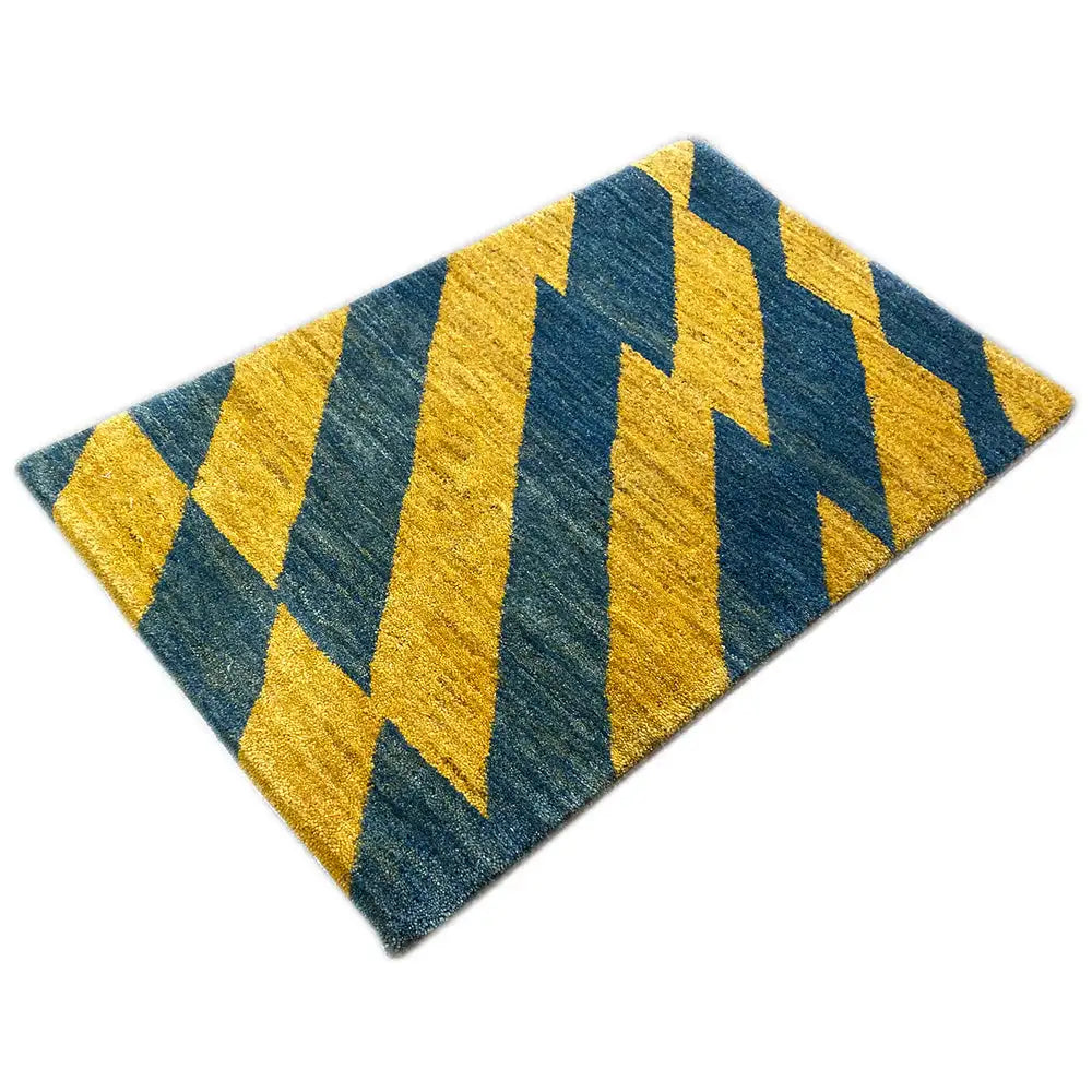 Gabbeh rug made of pure new wool with bold yellow-blue zigzag stripes