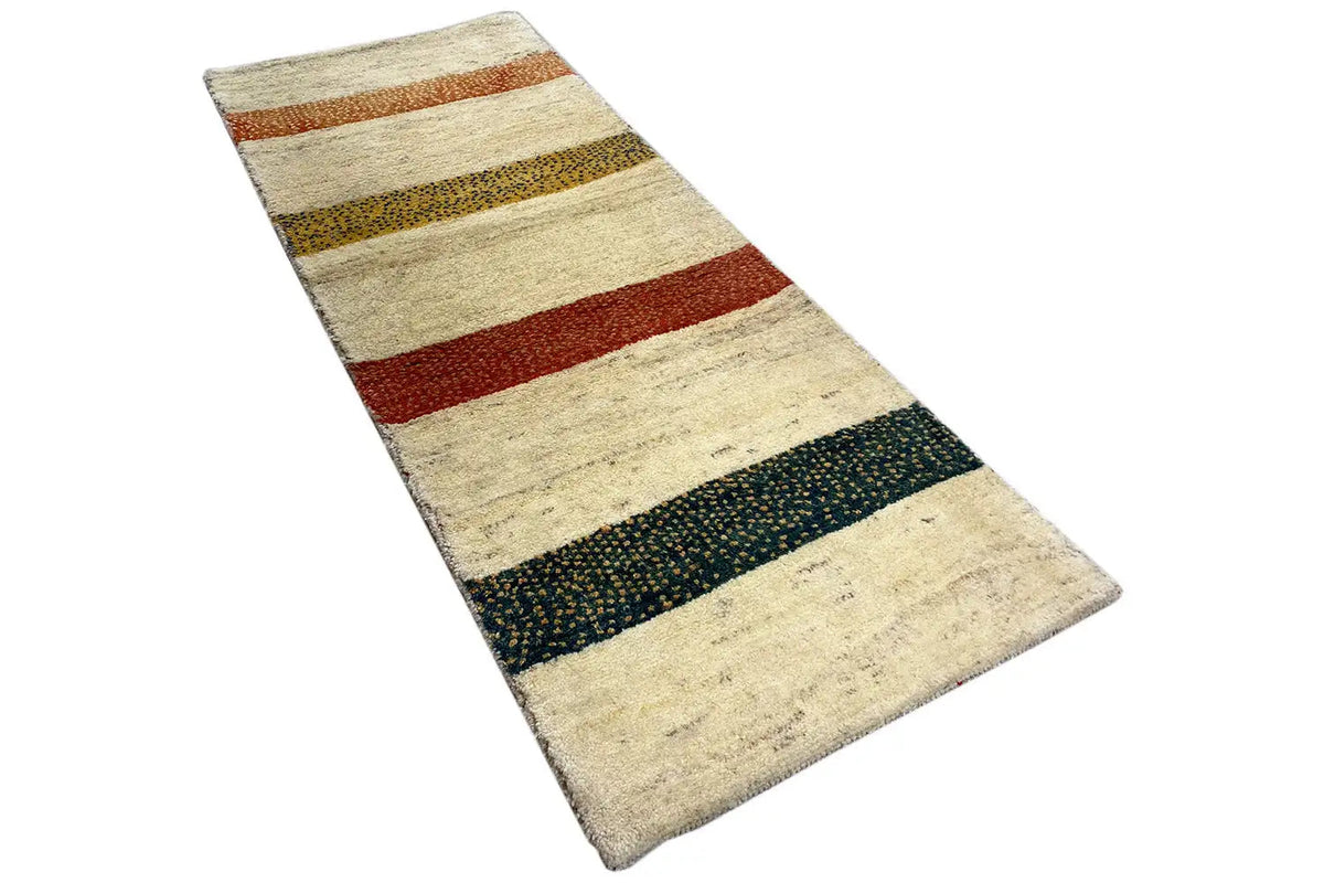 Gabbeh rug with a striped design in beige, red, brown, and dark green patterns