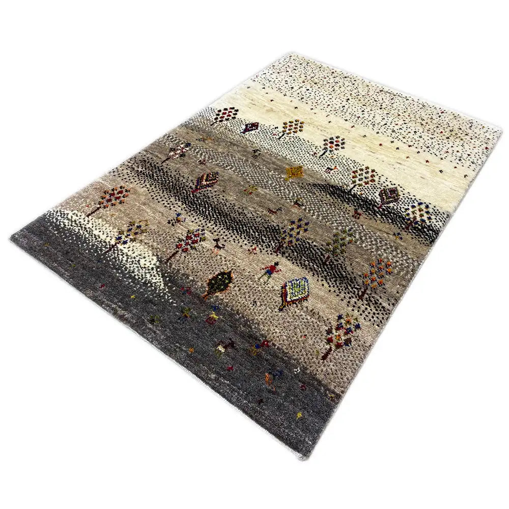 Gabbeh rug with colorful figures, striped design on a beige and dark gray background