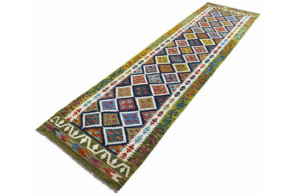 Kilim runner with zigzag and diamond border, multicolored, diagonal