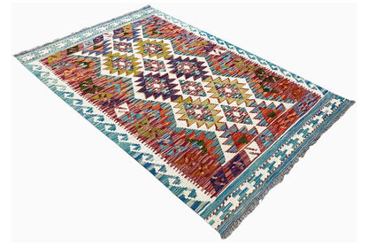 Afghan kilim 142x98 cm, viewed diagonally from above, lively pattern in orange, blue, and red