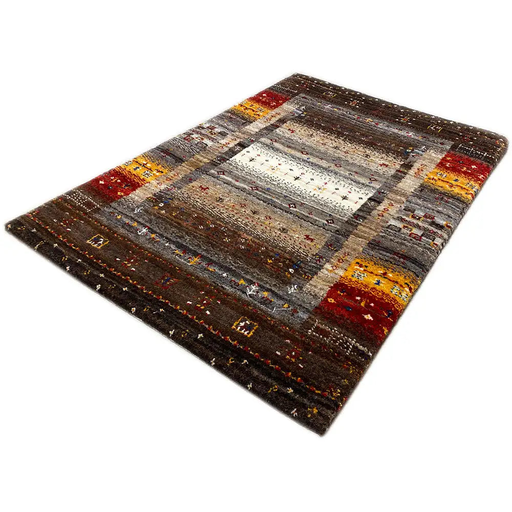 Gabbeh rug with a gray central area, dark border, and yellow-red decorative stripes