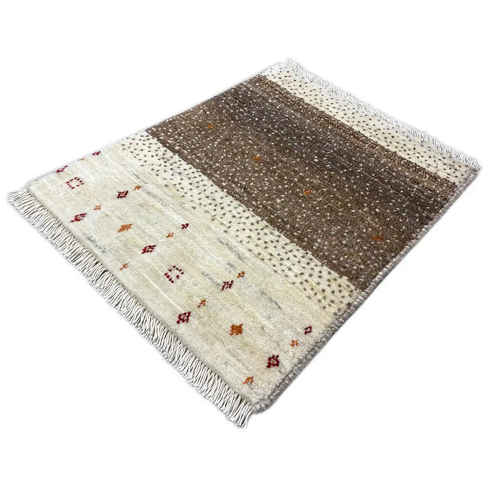 Gabbeh rug with brown and cream-colored stripes and colorful embroidered motifs