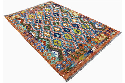 Afghan kilim rug 150x102 cm, lying at an angle with colorful wedge and diamond patterns